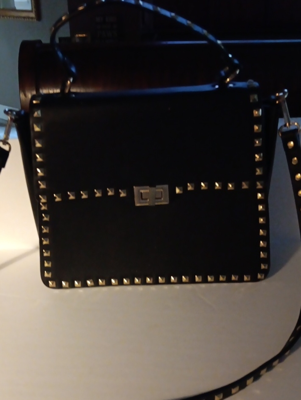 Inzi Designer Like Black Gold Stud Satchel with Top Handle and Removable Strap